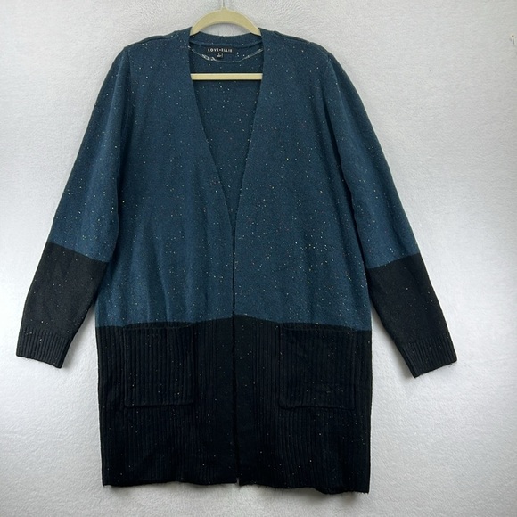 Love Ellie (Stitch Fix) Cardigan Size L Blue & Black Open Front Colorblock NWOT - Picture 1 of 11